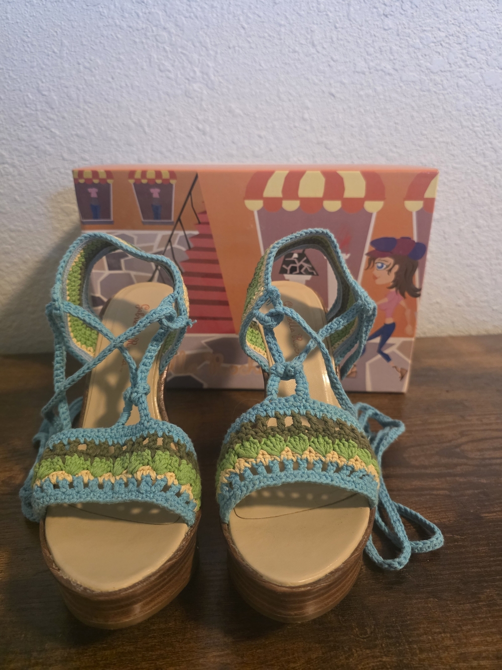 Gabriella Rocha Teal and Green Crochet Lace-Up Wedges